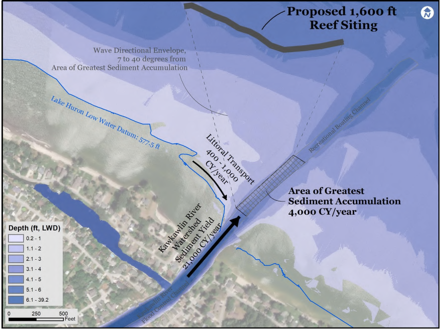 : A map of a river outlet into a large lake.